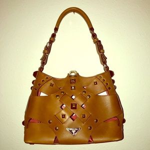 PRADA Woven Studded Lattice Brown Satchel